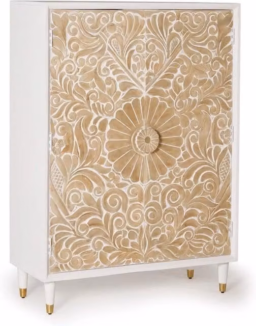 Armadio a 2 ante Giner y Colomer in legno di mango con scaffali interni, stile rustico floreale, bianco e marrone, L: 140 cm, P: 40 cm, H: 140 cm