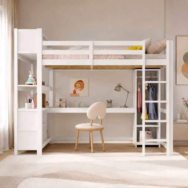 Letto a soppalco ULEVR 140x200 cm con scrivania, armadio e ripiani, in pino e MDF bianco