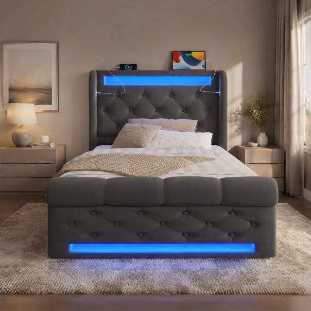 Letto 90x200 cm grigio – LED, contenitore idraulico e USB, con materasso