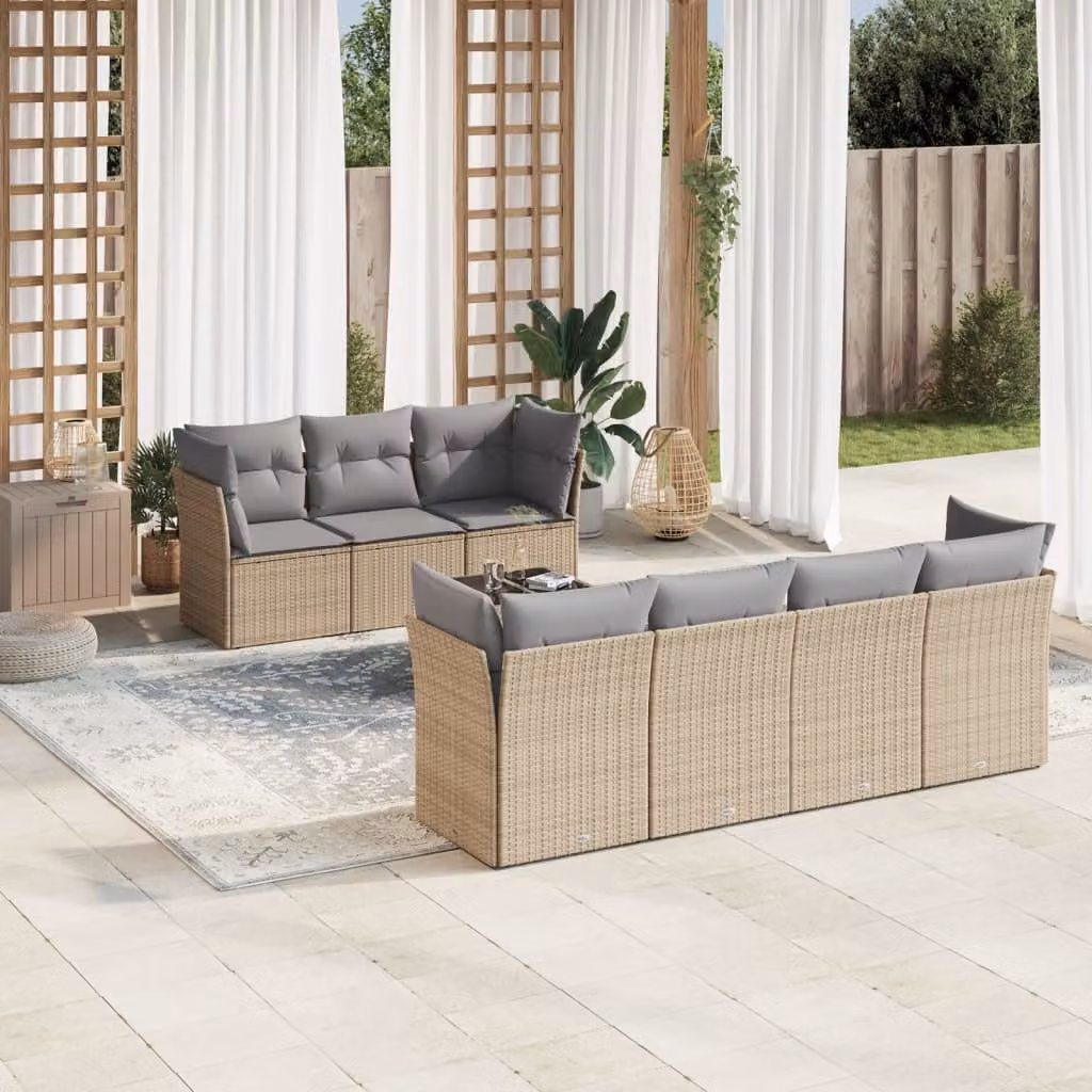 vidaXL Set Divano da Giardino 8 pz a Forma a L con Cuscini Beige e Tavolino in Vetro – 1