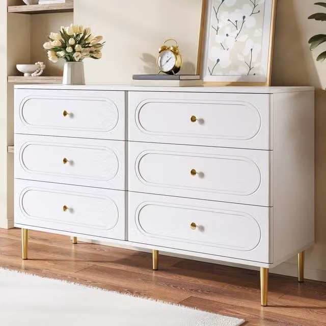 Cassettiera Mivray con 6 cassetti frontali ovali e gambe in metallo bianca L 120 cm, P 40 cm, H 75 cm – 1