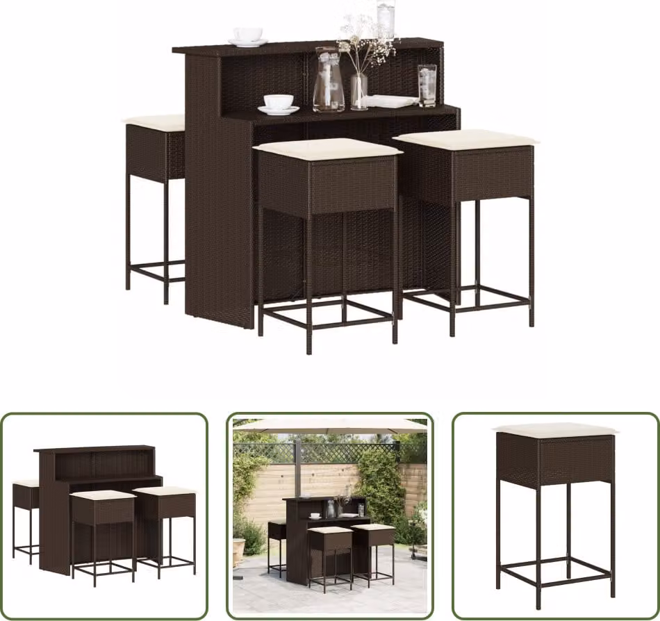 The Living Store Set bar da giardino 5 pezzi con cuscini in poly rattan marrone