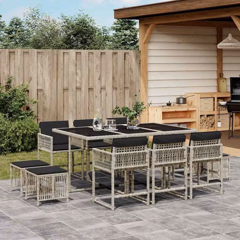 Set da pranzo da giardino vidaXL in polyrattan con cuscini e piano in vetro, 11 pezzi, grigio antracite