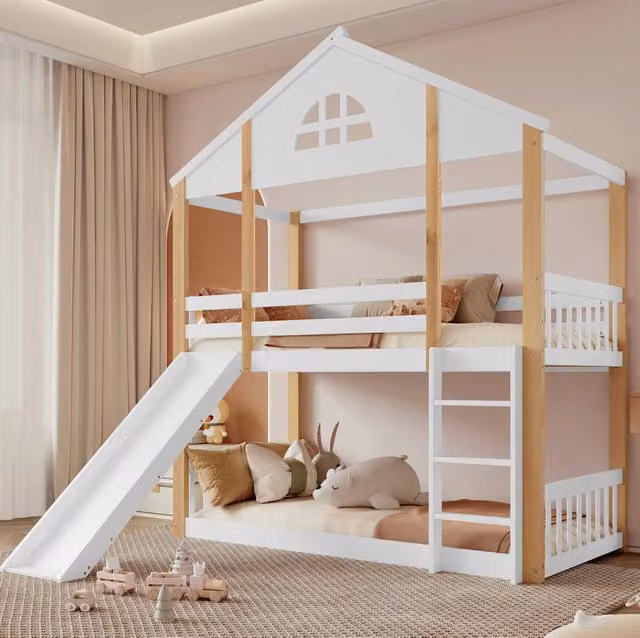 Letto a castello ULEVR 90x200 cm con scala a 3 gradini, scivolo reversibile e protezione anticaduta, bianco e naturale