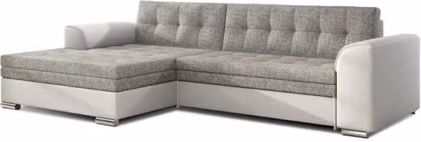 Divano angolare trasformabile CONFORTO MEUBLORAMA a 4 posti, modello L con angolo sinistro, rivestimento in tessuto grigio e bianco, ideale per il soggiorno moderno