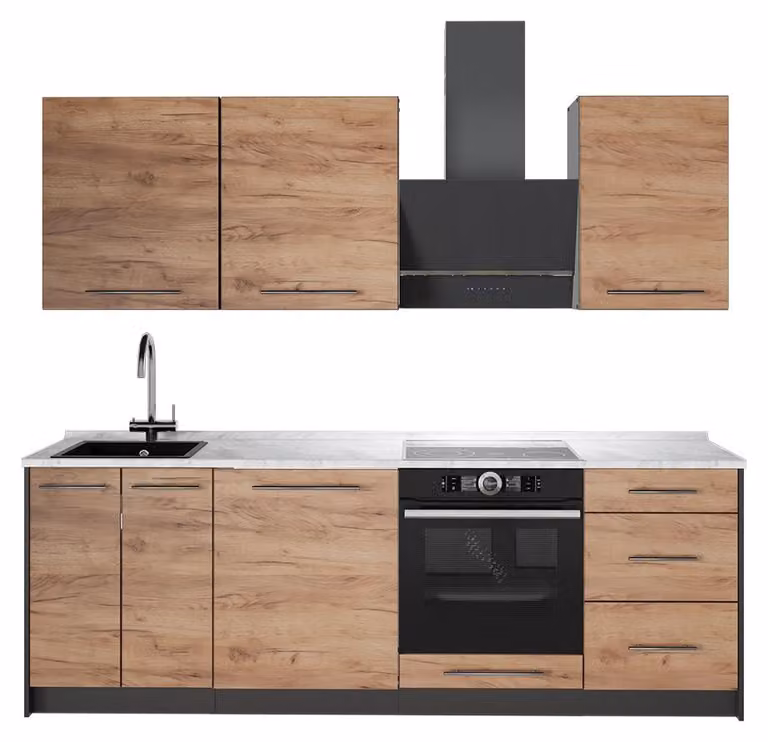 Cucina componibile Vicco Fame-Line Rovere dorato/Bianco 230 cm, PL Marmo, Model 64039