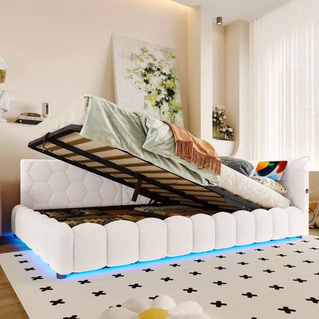 Letto Contenitore REDOM in Velluto Bianco con LED, Porte USB e Tipo-C, L/P: 140 x 200 cm