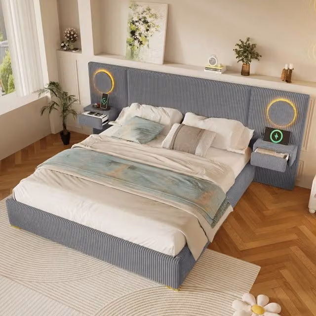 Letto matrimoniale imbottito 180x200 cm in velluto grigio con testiera LED; USB e comodini con cassetti