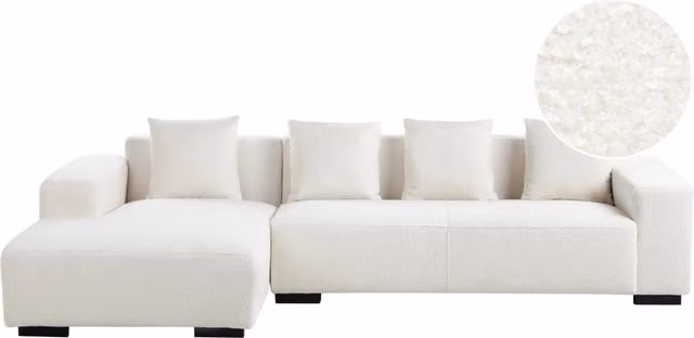 Divano angolare Beliani a 4 posti in tessuto bouclé bianco con forma a L e lato destro, design moderno con struttura in legno massiccio e cuscini inclusi, L/P/H: 285 x 160 x 88 cm