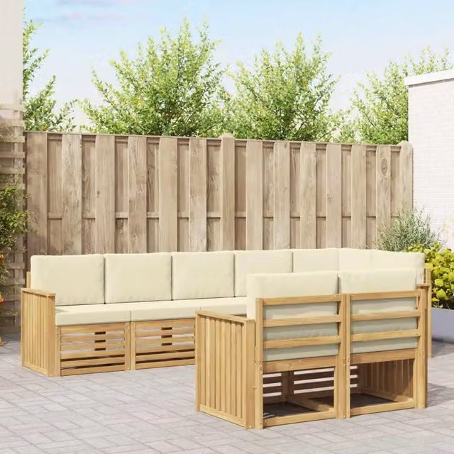 Set di divani da esterno a L vidaXL in legno di acacia con cuscini, Bianco e Beige