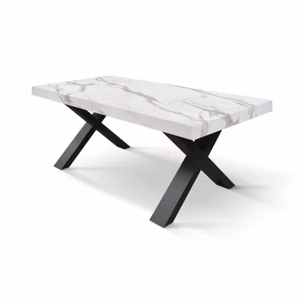 Tavolo AMALFI in legno effetto bianco statuario e gambe incrociate bianche, allungabile 160×90 cm - 240×90 cm