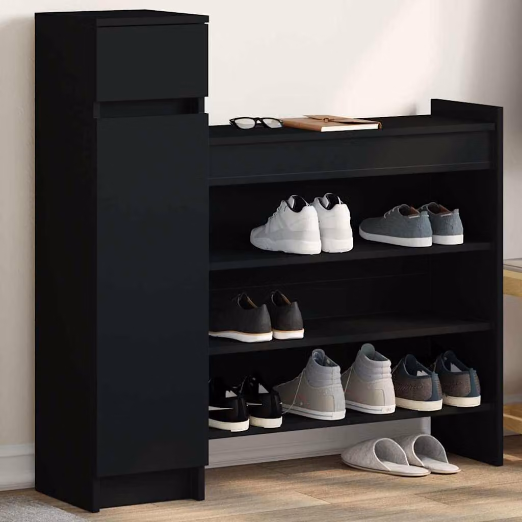 Scarpiera moderna vidaXL nera in legno con ante a battente per ingresso, L 100,5 cm x P 28 cm x H 100 cm
