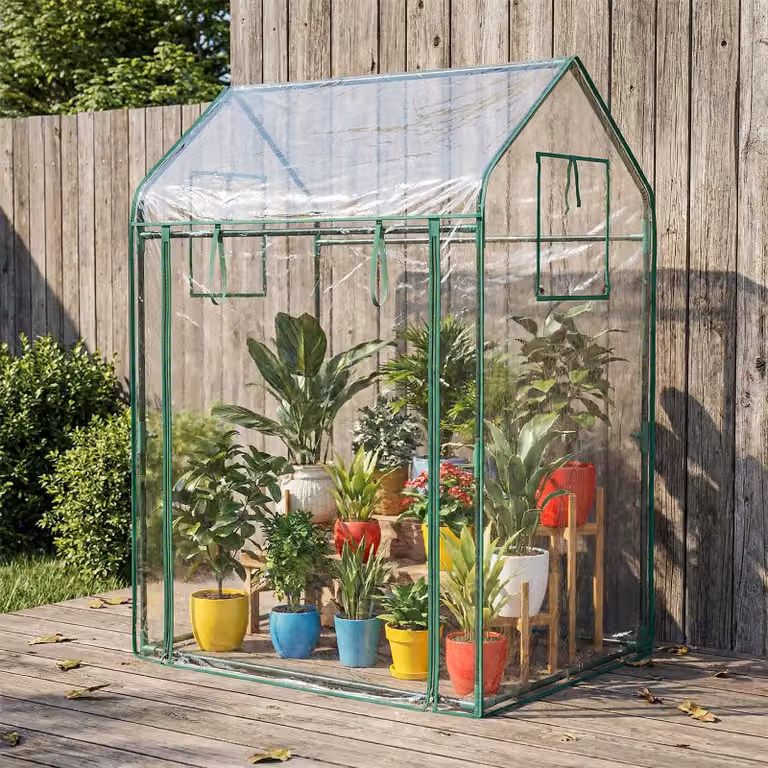 COSTWAY Serra per pomodori piccola 129x80x173 cm, Serra portatile in plastica con rete parasole nera, telo in PVC, porta, finestra e picchetti