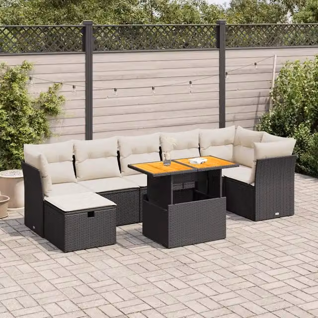 Set da giardino moderno vidaXL composto da 8 pezzi con cuscini e tavolino da caffè nero e beige
