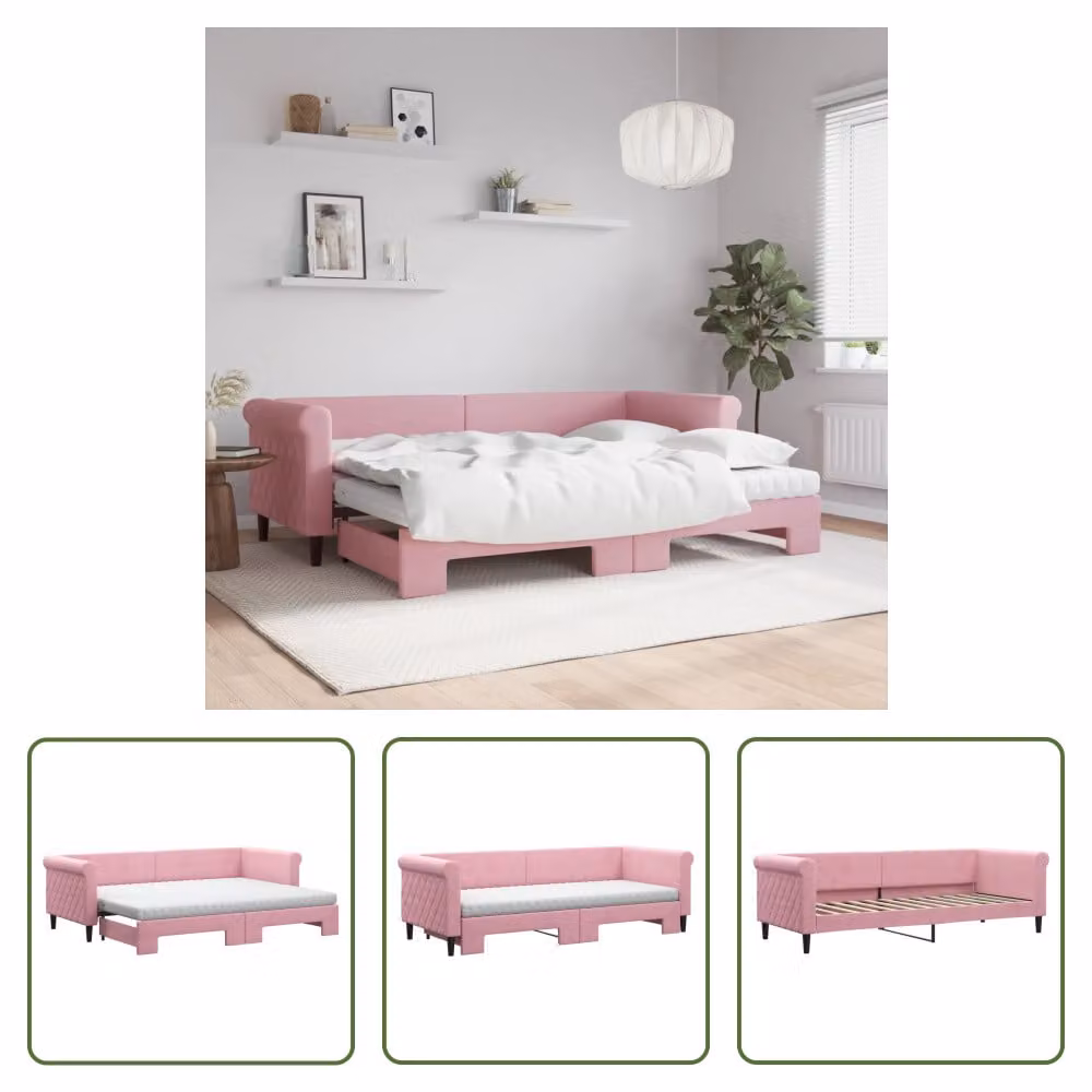 The Living Store Lettino allungabile con materassi Rosa 80x200 cm in velluto