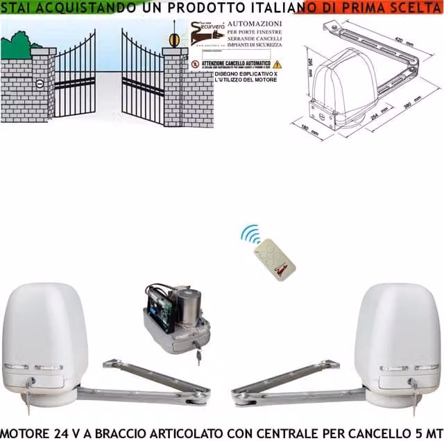 AUTOMATISMO CANCELLO ELETTRICO 5 MT MOTORI BRACCIO ARTICOLATO CENTRALE 220/24 V 2 ANTE DA 0,5 A 2,5 MT RADIOCOMANDO RICAMBIO UNIVERSALE