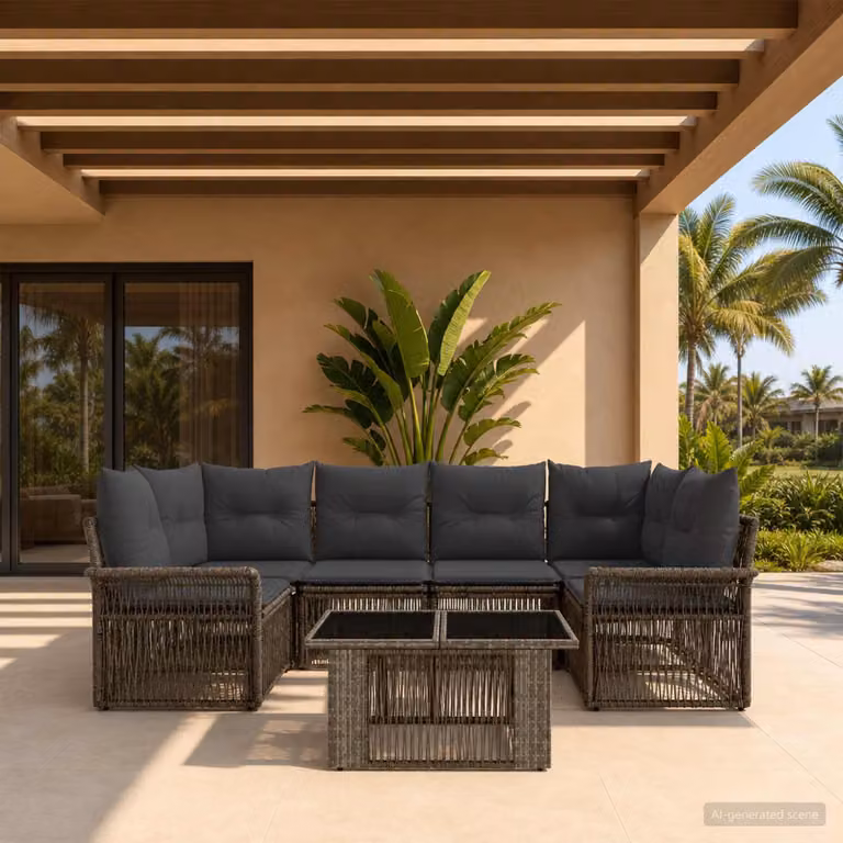 Set Divano da Giardino vidaXL 7 pz in Polyrattan Grigio e Antracite con Tavolino e Cuscini Rimovibili