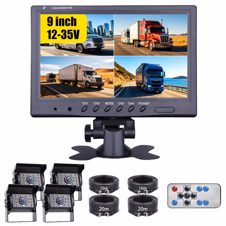 Kit telecamera per retromarcia con monitor da 9 pollici - 4 telecamere con angolo di visione di 170 gradi - Impermeabile IP68 - Visione notturna a infrarossi - Adatto per camion, autobus e furgoni
