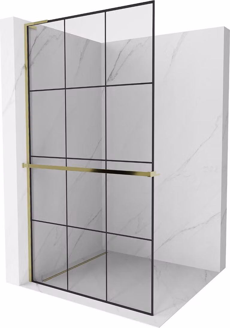 Mexen Kioto+ L pannello doccia con mensola Walk-in 100 x 200 cm, griglia nera, dorata - 800-100-123-50-77