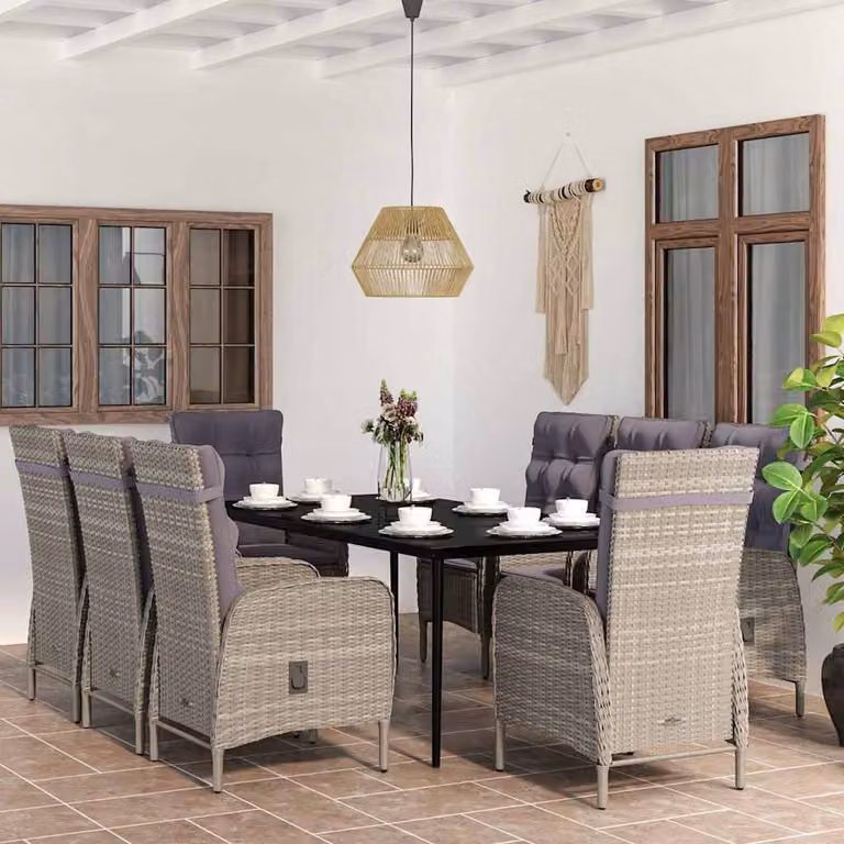 Set da pranzo da giardino vidaXL in rattan e metallo con piano in vetro, 9 pezzi, nero e grigio