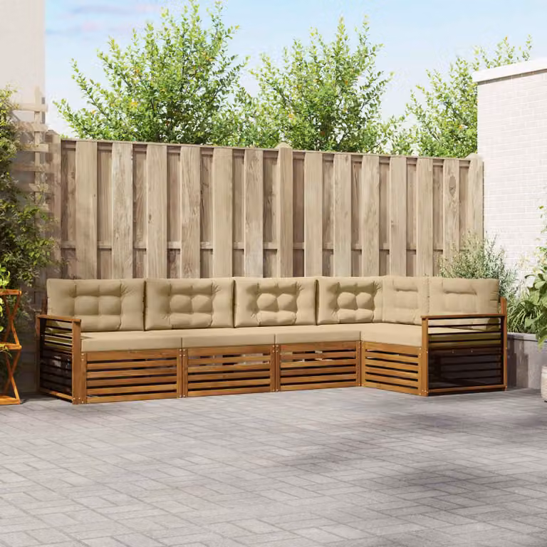 Set di divani da esterno vidaXL 5 pz a forma di L in legno di acacia con cuscini beige e marrone
