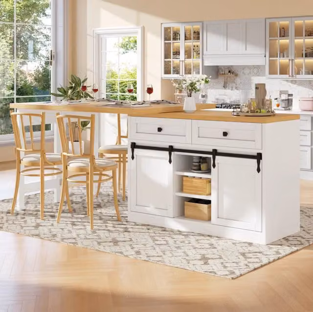 Isola da cucina girevole 360° con porte scorrevoli; 2 cassetti e ripiani regolabili; 120-197 cm; bianca