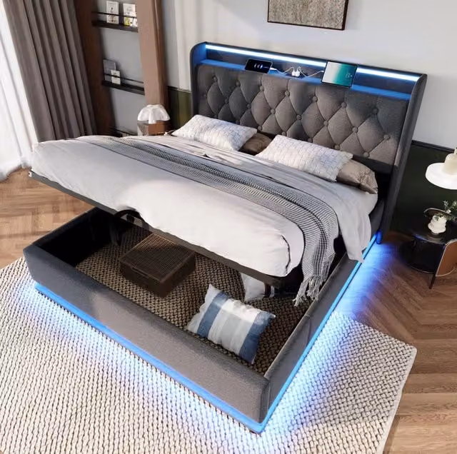 Letto matrimoniale 140x200 cm con LED 360°; contenitore idraulico; USB e Type-C; grigio in lino