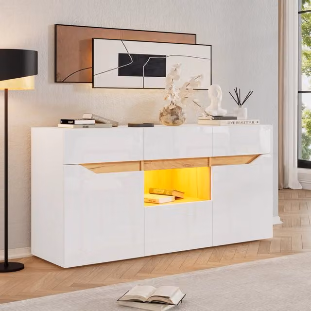 Madia 140x40x70 cm con 4 cassetti e LED in truciolare bianco e naturale