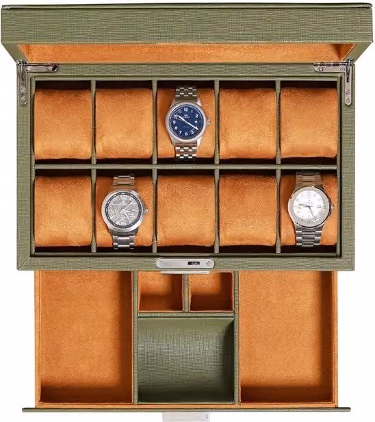 Orologeria in legno con 10 contenitori e cassetto, orologeria di lusso con cuscini morbidi, contenitore orologio con chiusura e vetrata grande (verde/marrone chiaro)