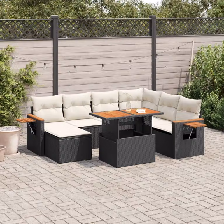 Set di Divani da Giardino vidaXL in Polyrattan Nero con Cuscini e Tavolino da Esterno