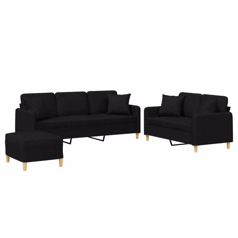 Set Divani 3 pz con Cuscini Nero in Tessuto