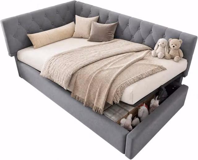 Divano letto 90x190 cm in velluto grigio con contenitore idraulico， senza materasso