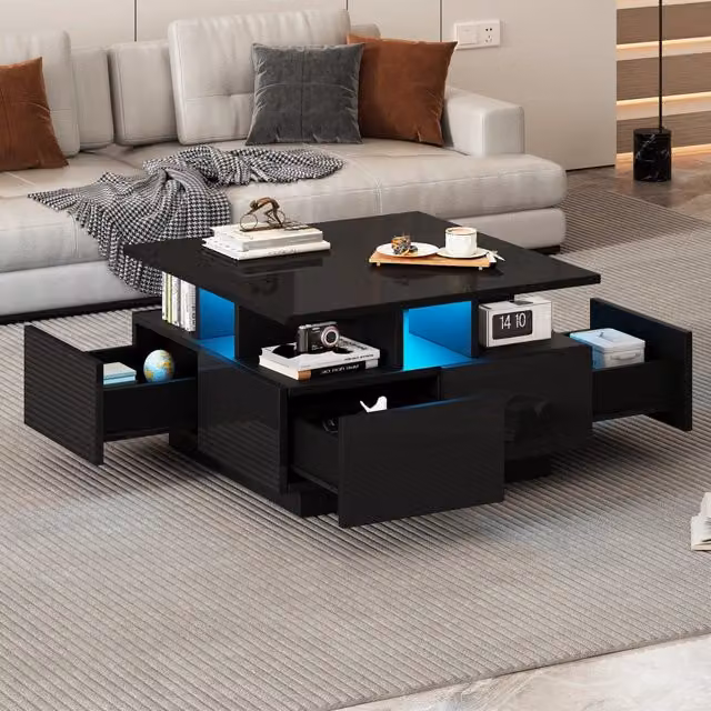 Tavolino basso OKWISH nero con 4 cassetti, vano semiaperto e illuminazione LED controllabile da app, finitura lucida, L/P/H: 70 x 70 x 40 cm