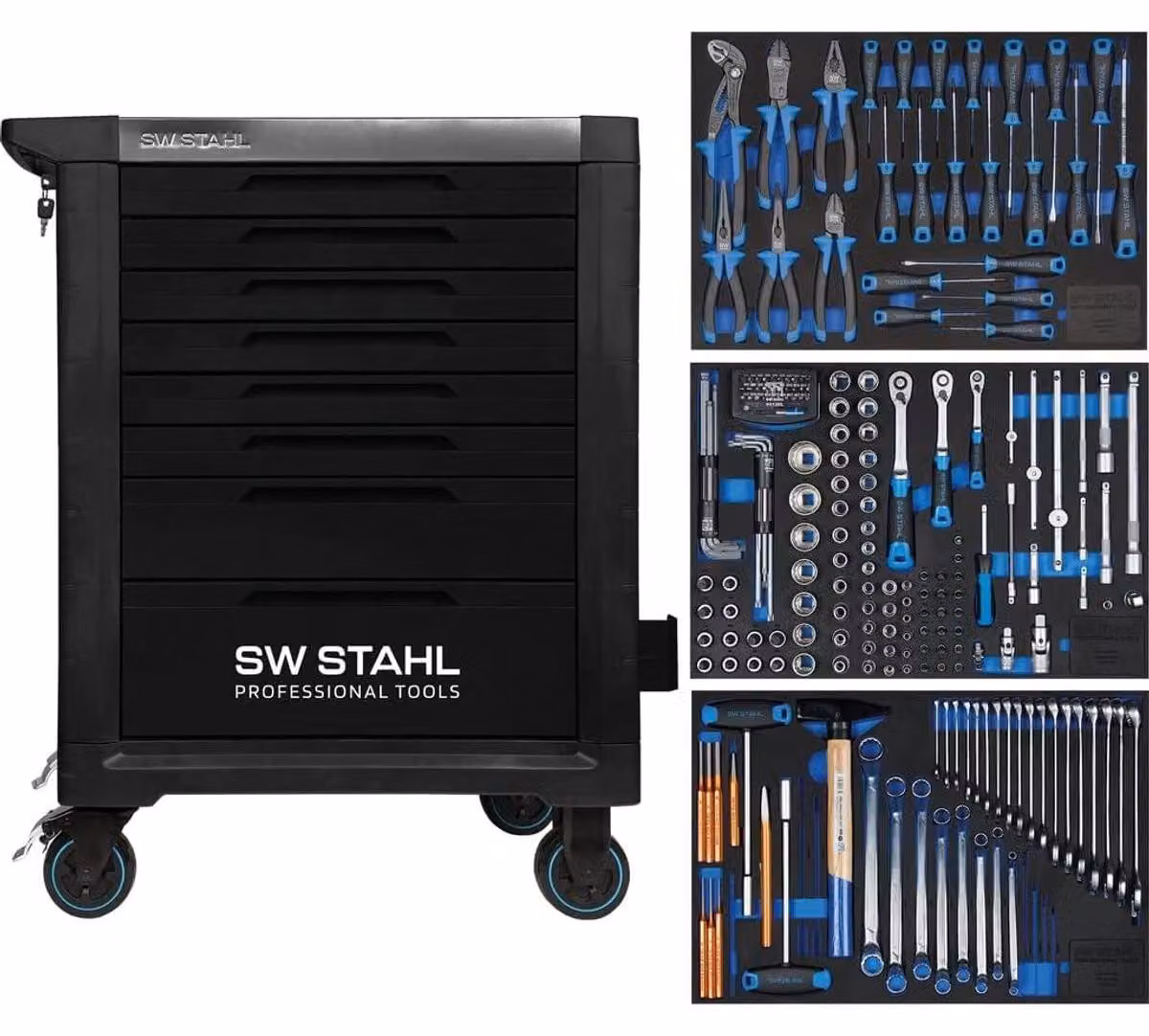 SW-Stahl Z3117 Carrello da officina professionale TT801 nero I 8 cassetti I 3 cassetti pieni I 213 pezzi I Carrello da officina attrezzato con utensili I Twin-Lock I Kit carrello da officina I completamente attrezzato