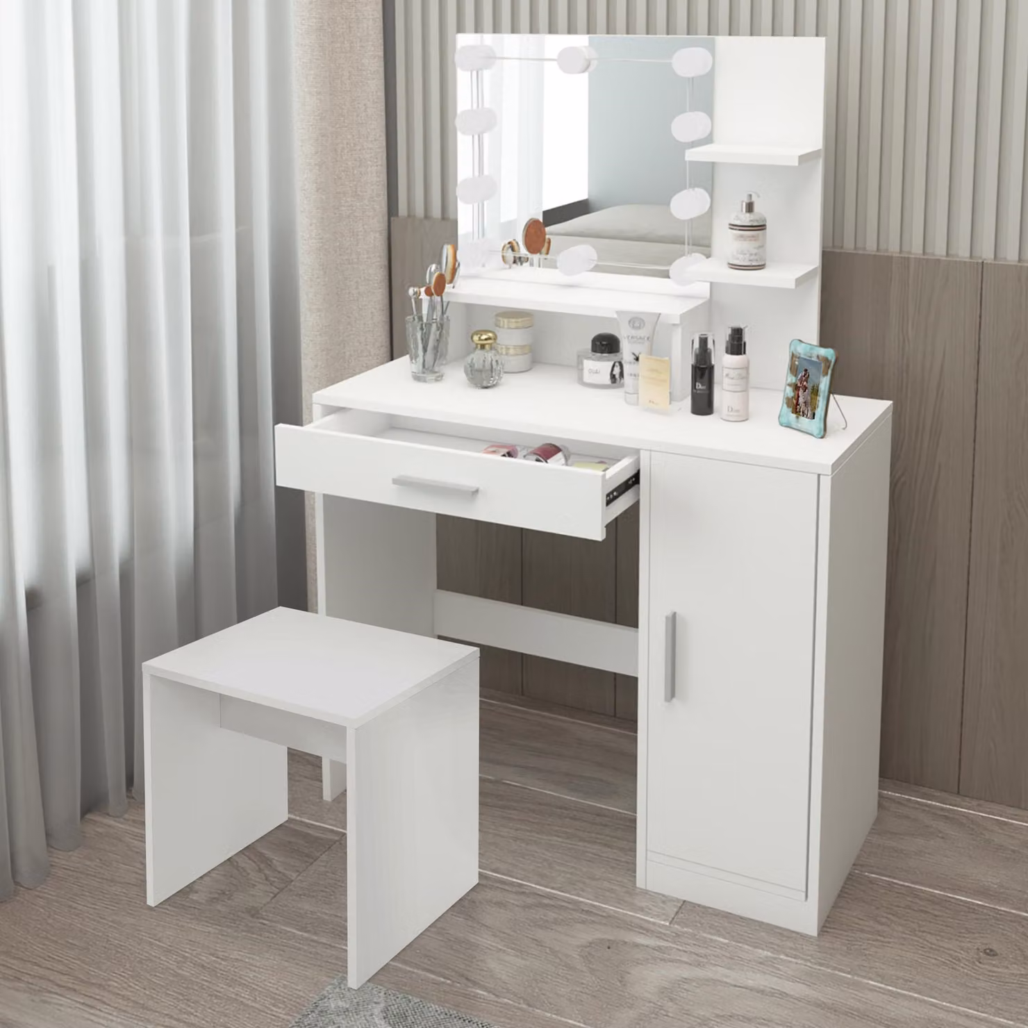 ML-Design tavolo da toilette bianco con sgabello, tavolo da toilette con illuminazione a LED, specchio, con 1 cassetto, 3 scomparti e armadietto, 90x38x137 cm, in legno MDF