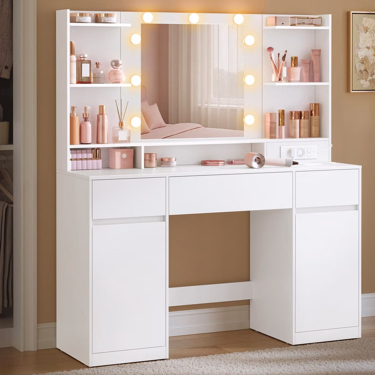 VASAGLE Tavolo da trucco, presa multipla, 9 lampadine dimmerabili, 3 colori di luce, ripiani regolabili