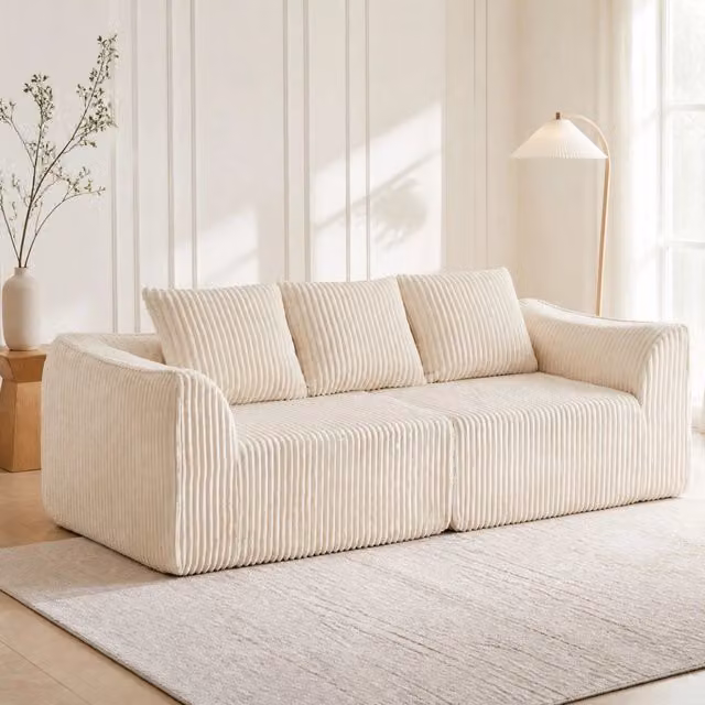 Divano 235,5x101x72,5 cm beige – design curvo, tessuto a coste e schiuma, senza montaggio