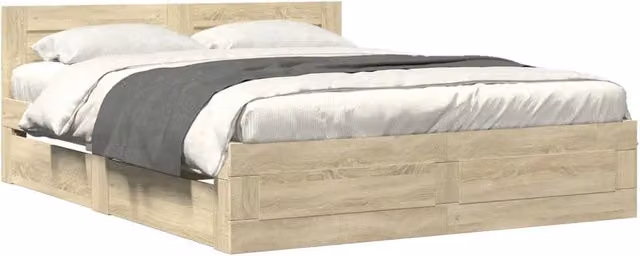 Letto matrimoniale moderno con cassetti in legno Rovere e finitura beige, L/P/H: 150 x 200 x 69 cm