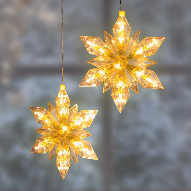 Set di 2 stelle di Natale in plastica, 25 LED bianchi caldi per stella, funzionamento a batteria