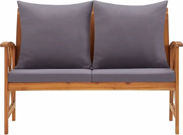 Panca da giardino vidaXL in legno di acacia oliato con cuscini grigi e braccioli, L: 119 cm – 1
