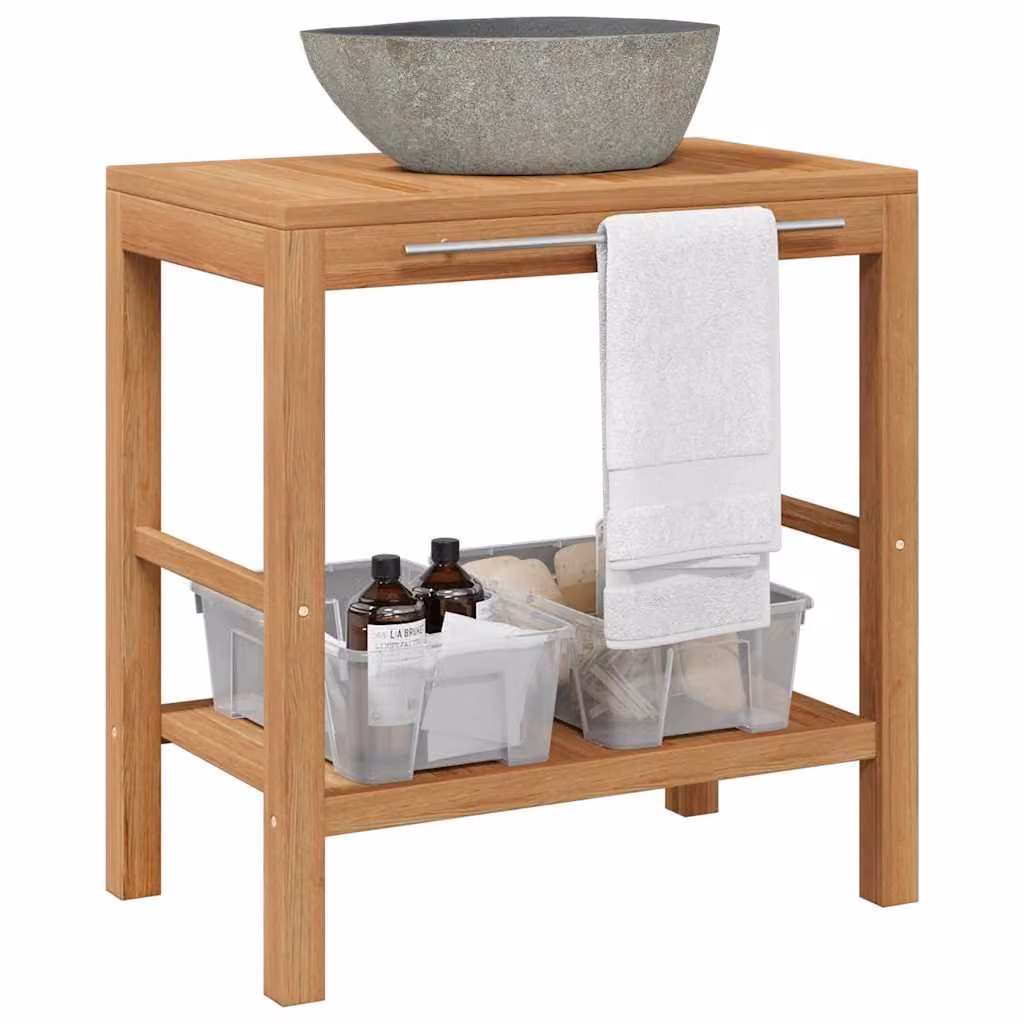 Mobile Bagno vidaXL in Teak con Lavabo in Pietra di Fiume, Marrone, L: 75 cm, P: 45 cm, H: 74 cm