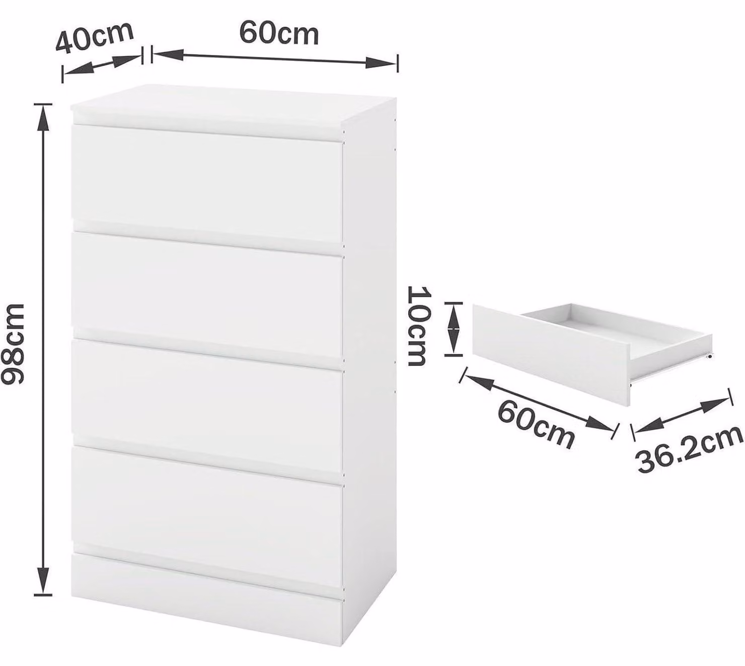 Comodino largo 120 cm, bianco opaco, con 4 cassetti, set da 2