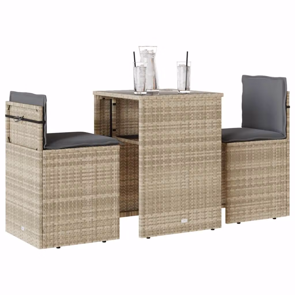Set da Bistrò vidaXL in Polyrattan Grigio con Cuscini e Tavolo in Vetro per Giardino e Balcone