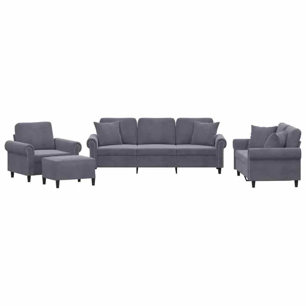 vidaXL Set di Divani 4 pz in Velluto Grigio con Cuscini e Ottoman per Soggiorno – 2