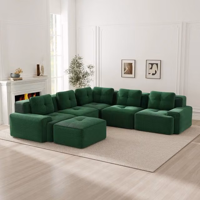 Divano angolare modulare in corduroy verde