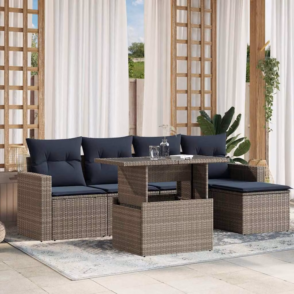 Set da giardino vidaXL in polyrattan grigio composto da 6 pezzi con cuscini imbottiti e tavolino