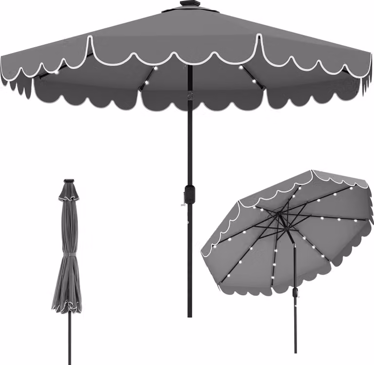 Ombrellone COSTWAY 300 cm con illuminazione a LED, ombrellone da giardino con manovella, 8 costole e mantovana, pieghevole a 35° su entrambi i lati, ombrellone da mercato grigio