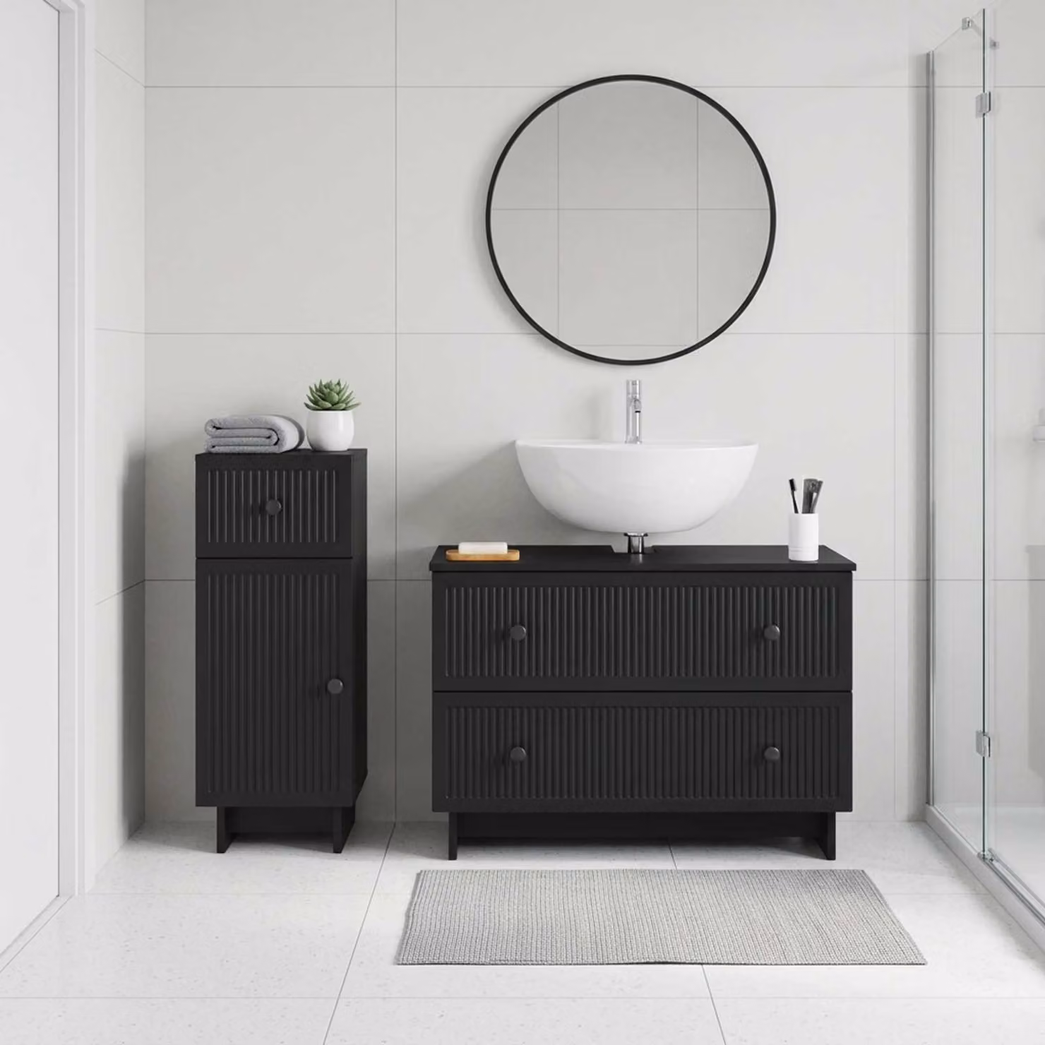 Set di mobili da bagno moderni vidaXL EDE composto da 2 pezzi in MDF nero opaco con ante a cerniera e ripiani interni, L/P/H: 82,0 x 35,6 x 59,0 cm e 41,0 x 35,6 x 82,0 cm