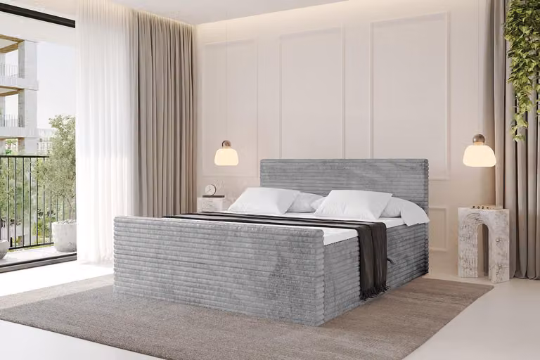 Letto boxspring ALTDECOR con pediera - TOLO-v1-Z 120x200 in velluto a coste - Grigio chiaro - Set completo con materasso a molle insacchettate e topper, letto imbottito con materasso H4, cassetti, rete a doghe, letto con contenitore, letto matrimoniale, l