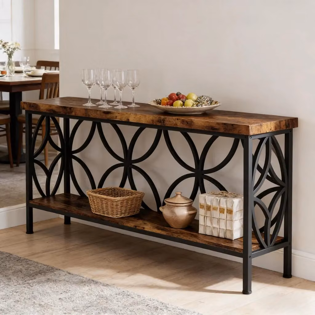 Consolle OKWISH in stile industriale con ripiano in legno e struttura in metallo nero per ingresso e soggiorno L: 160 cm, P: 29,5 cm, H: 80 cm – 2